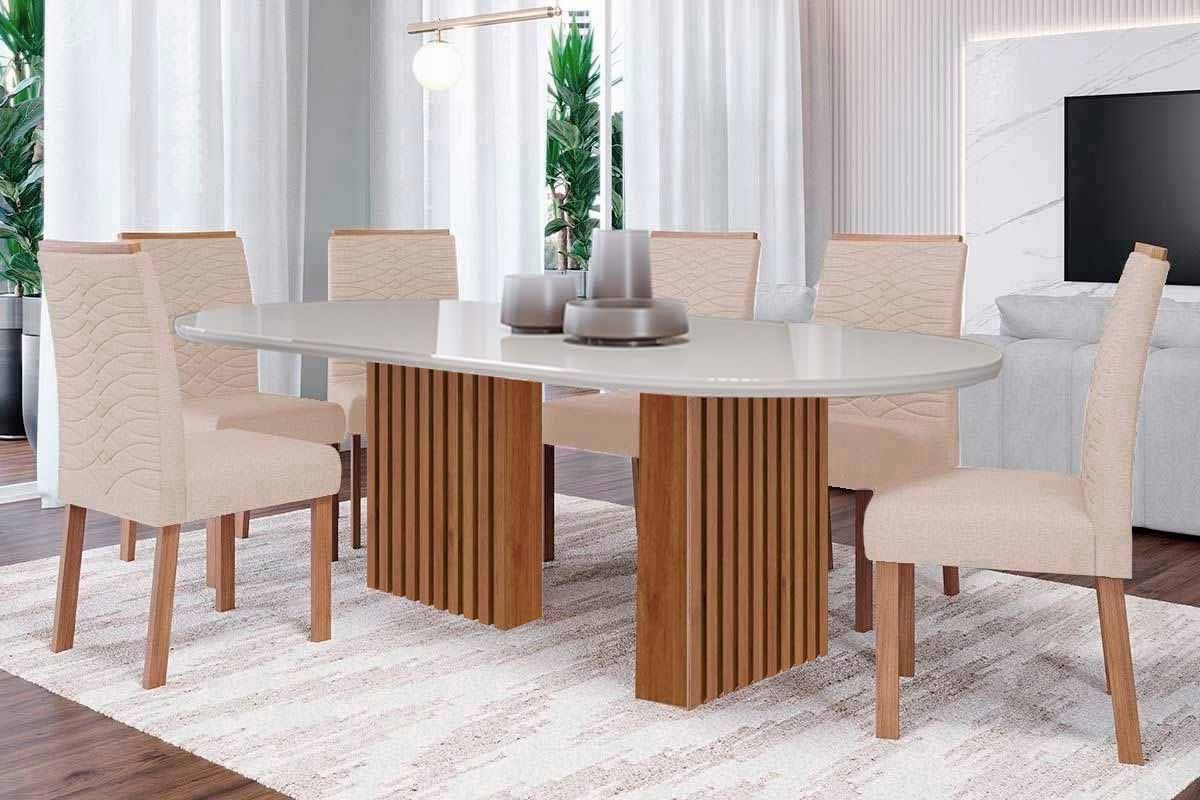 Sala Jantar Mesa Ester Tampo Madeirado Oval c/ Vidro 210x100cm e 6 Cadeiras Clarice - Cimol