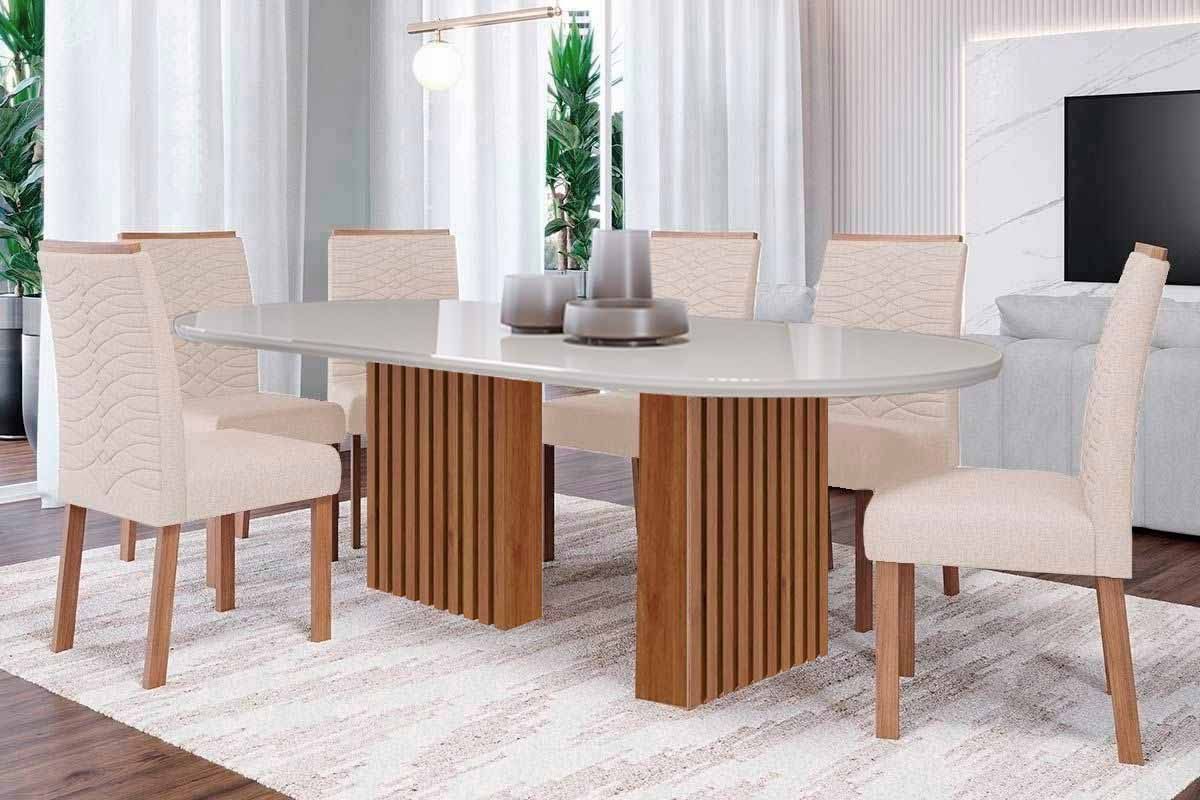 Sala Jantar Mesa Ester Tampo Madeirado Oval c/ Vidro 210x100cm e 6 Cadeiras Clarice - Cimol