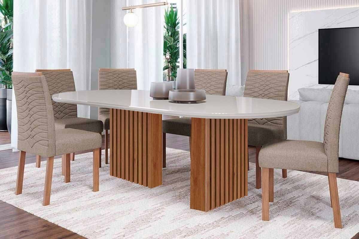 Sala Jantar Mesa Ester Tampo Madeirado Oval c/ Vidro 210x100cm e 6 Cadeiras Clarice - Cimol