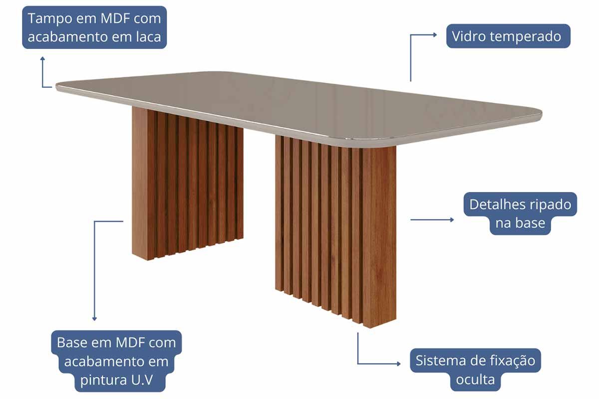 Sala Jantar Mesa Ester Tampo Madeirado Oval c/ Vidro 210x100cm e 6 Cadeiras Maia - Cimol