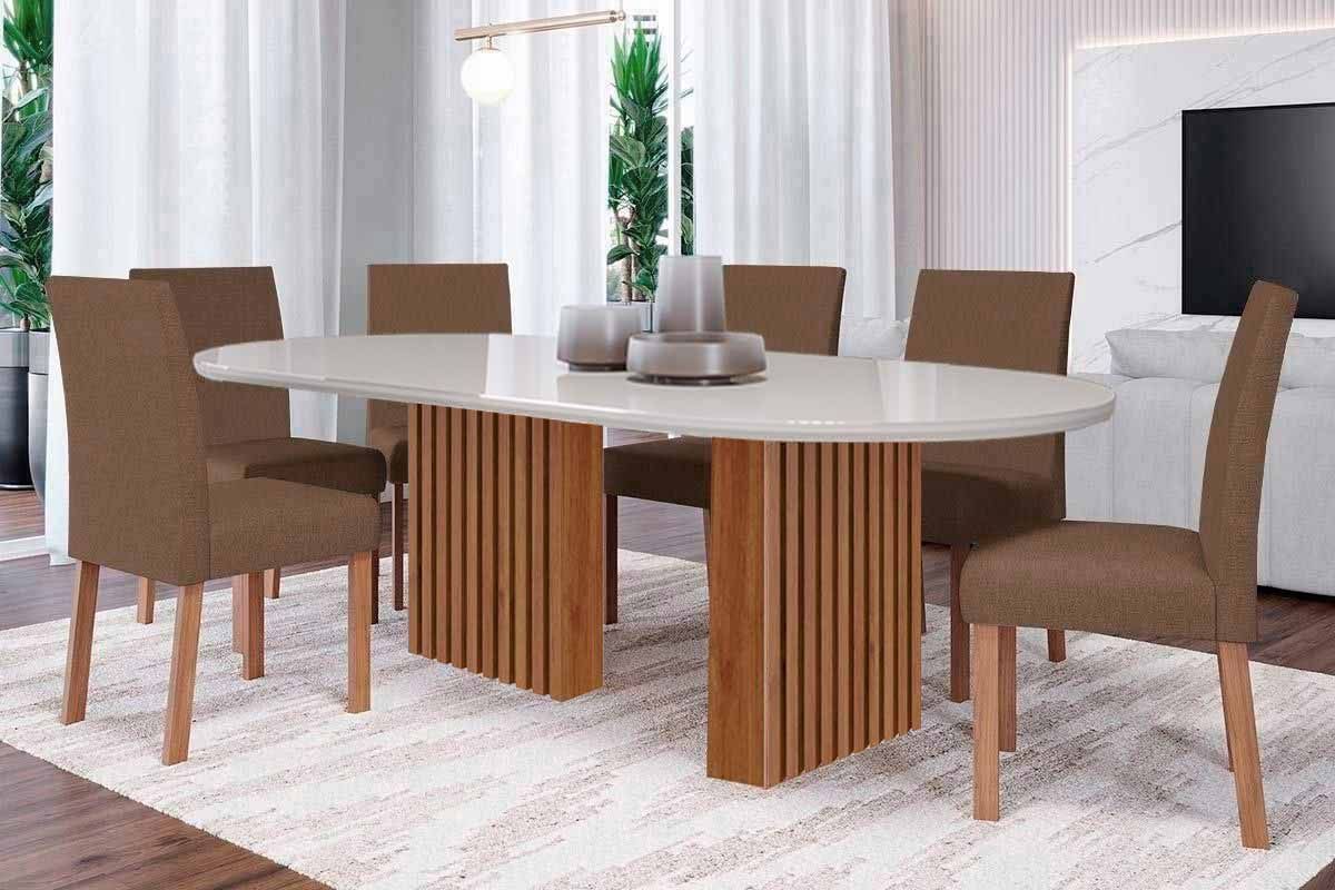 Sala Jantar Mesa Ester Tampo Madeirado Oval c/ Vidro 210x100cm e 6 Cadeiras Maia - Cimol