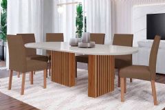 Sala Jantar Mesa Ester Tampo Madeirado Oval c/ Vidro 210x100cm e 6 Cadeiras Maia - Cimol