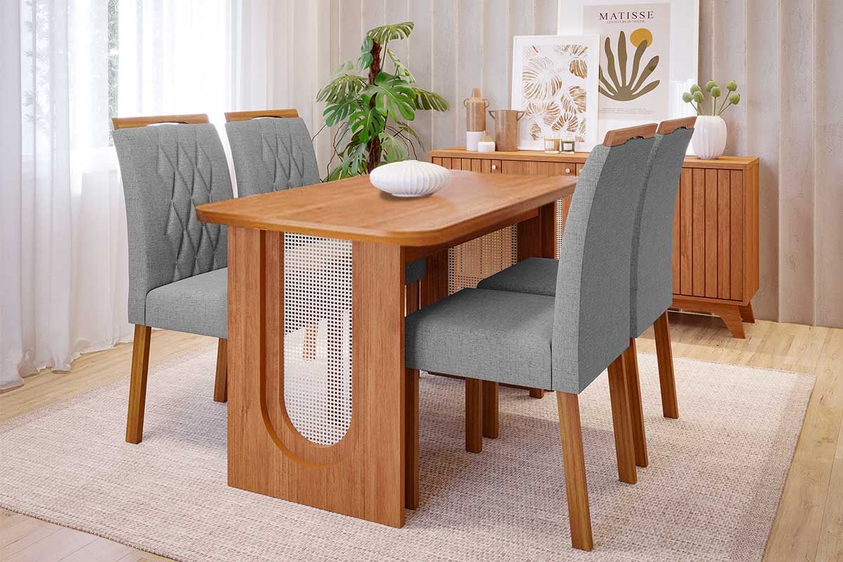 Sala Jantar Mesa Valentina Tampo Madeirado 130x80cm e 4 Cadeiras Juliana - Cimol