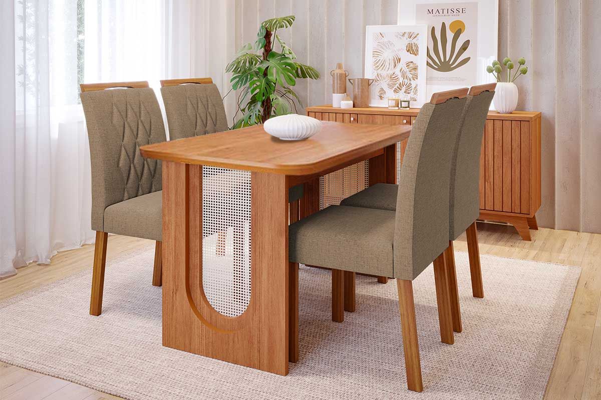 Sala Jantar Mesa Valentina Tampo Madeirado 130x80cm e 4 Cadeiras Juliana - Cimol