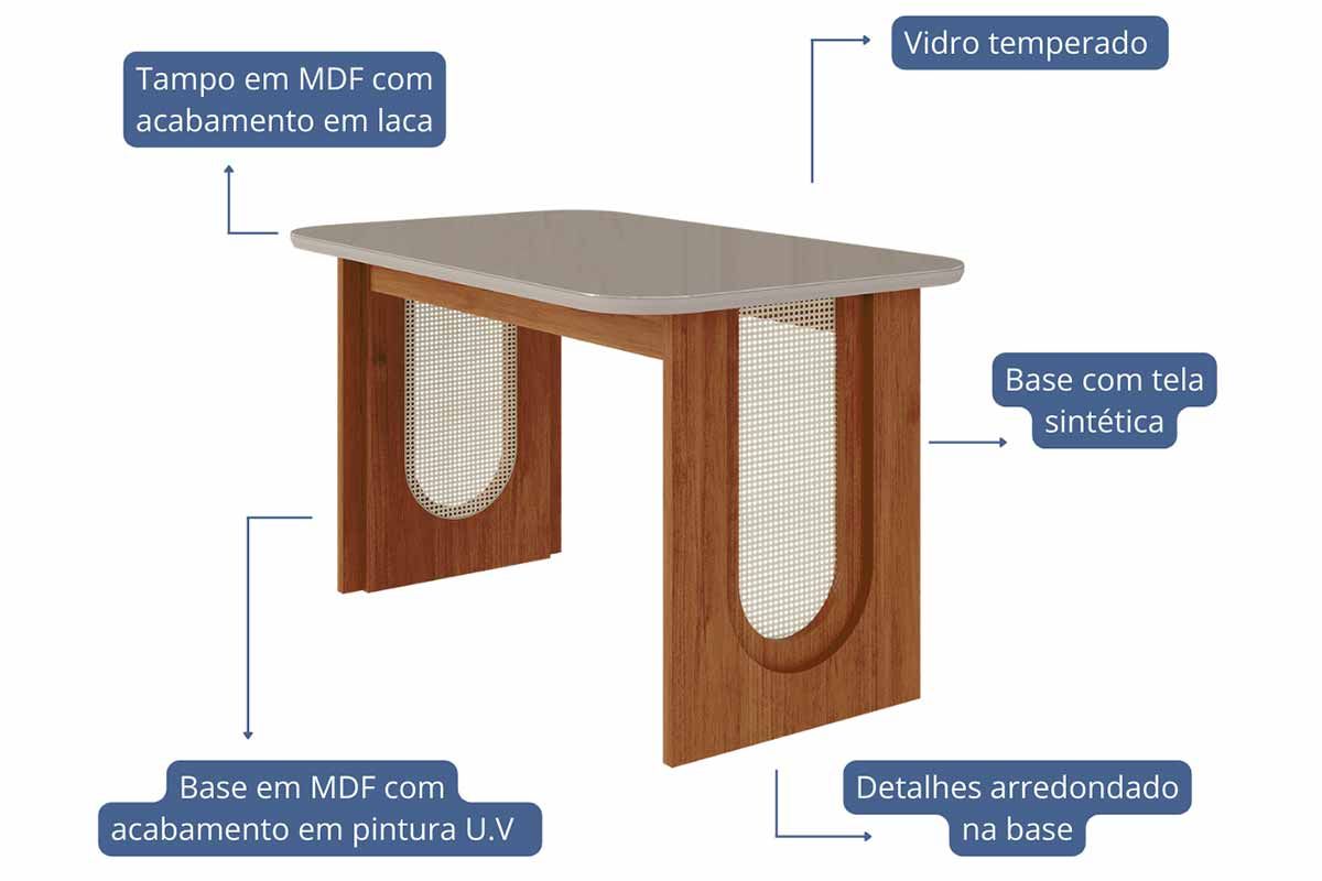 Sala Jantar Mesa Valentina Tampo Madeirado c/ Vidro 130x80cm e 4 Cadeiras Paola - Cimol