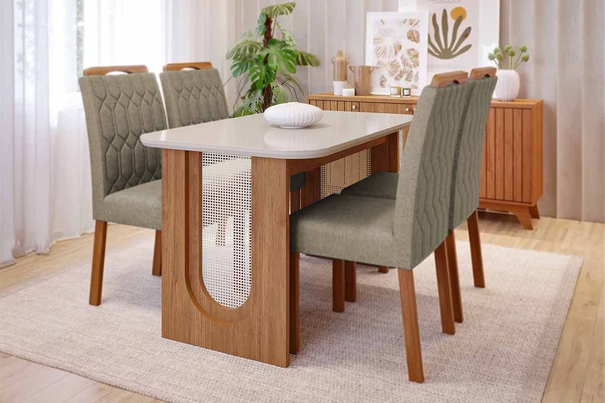 Sala Jantar Mesa Valentina Tampo Madeirado c/ Vidro 130x80cm e 4 Cadeiras Paola - Cimol
