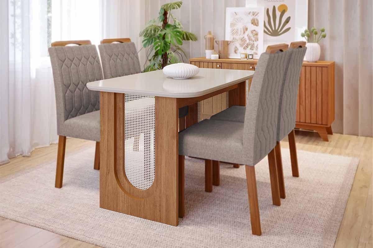 Sala Jantar Mesa Valentina Tampo Madeirado c/ Vidro 130x80cm e 4 Cadeiras Paola - Cimol