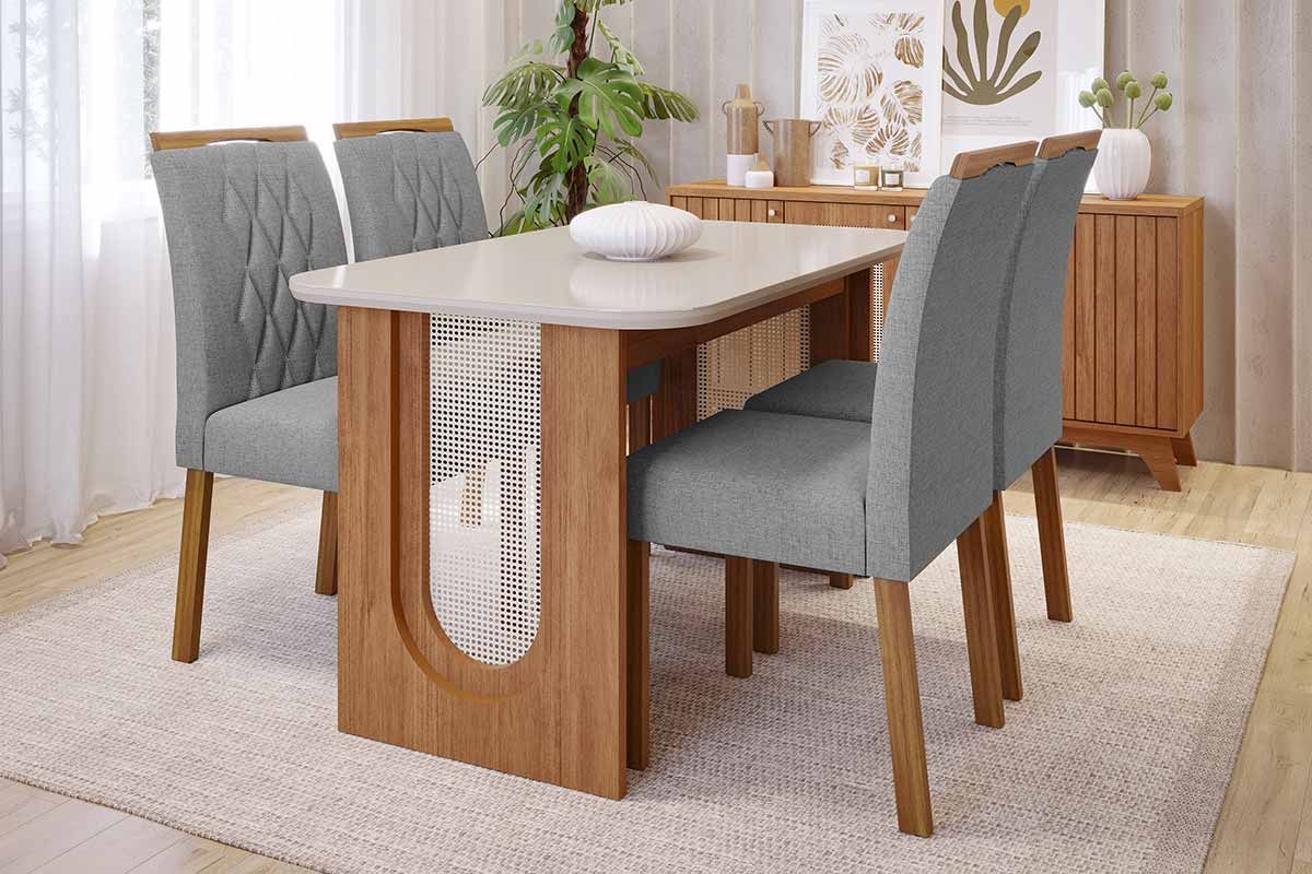 Sala Jantar Mesa Valentina Tampo Madeirado c/ Vidro 130x80cm e 4 Cadeiras Juliana - Cimol