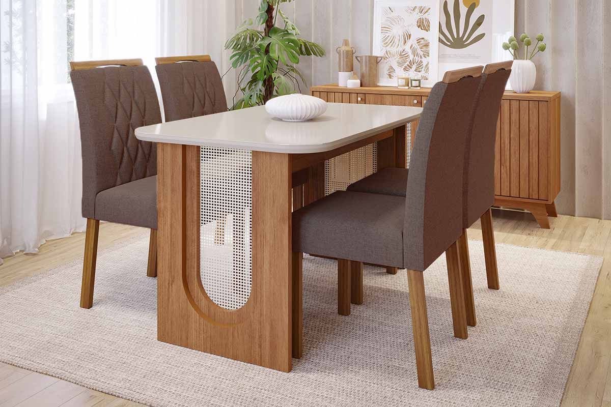 Sala Jantar Mesa Valentina Tampo Madeirado c/ Vidro 130x80cm e 4 Cadeiras Juliana - Cimol