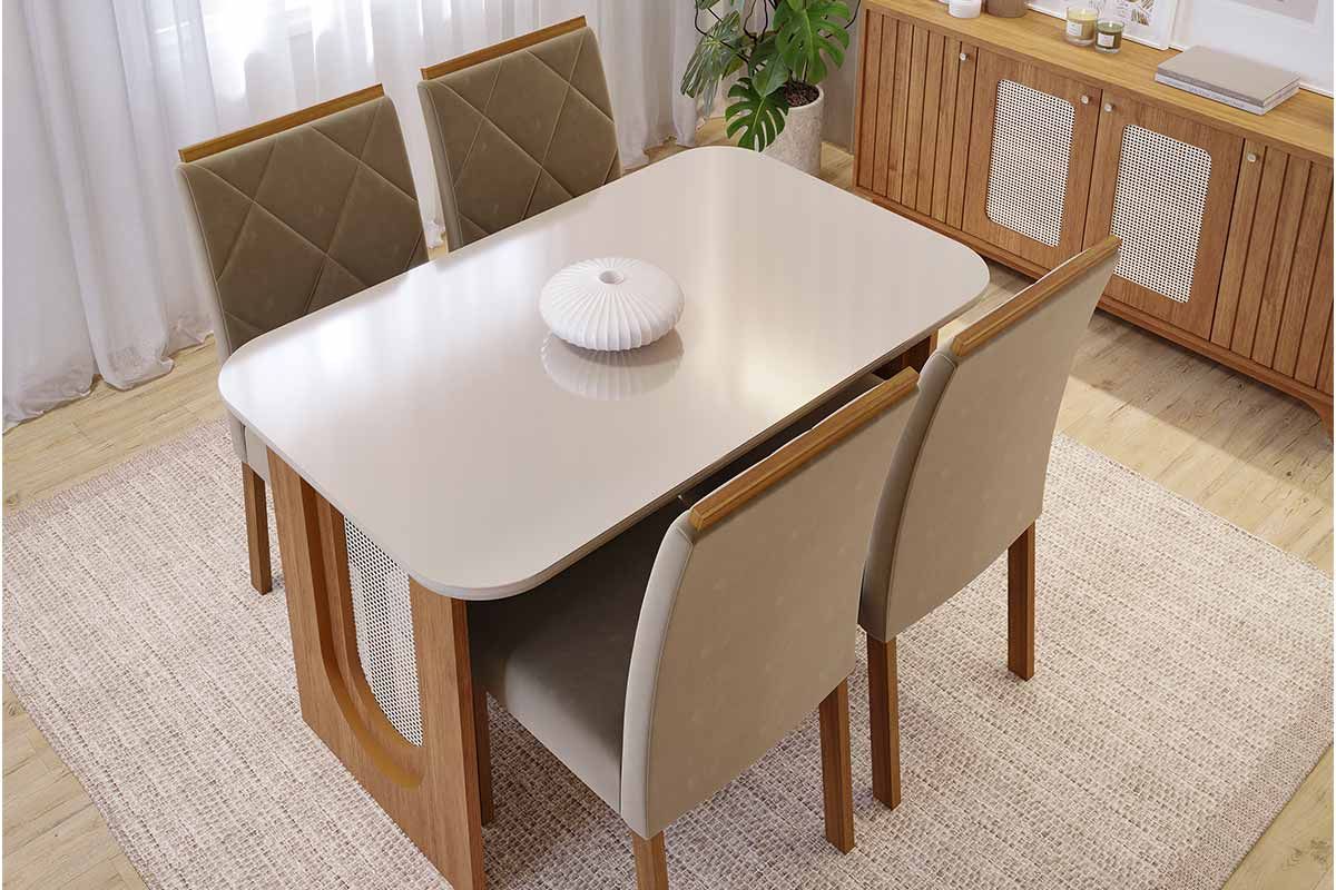 Sala Jantar Mesa Valentina Tampo Madeirado c/ Vidro 130x80cm e 4 Cadeiras Fernanda - Cimol