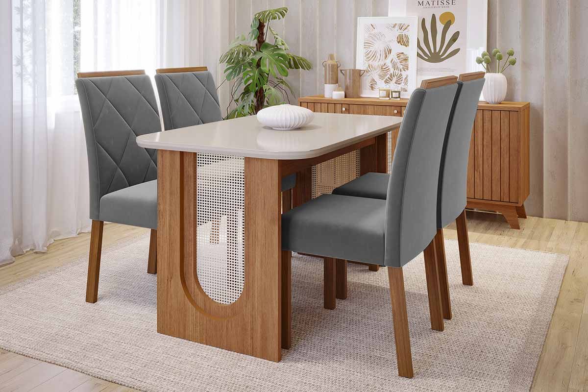 Sala Jantar Mesa Valentina Tampo Madeirado c/ Vidro 130x80cm e 4 Cadeiras Fernanda - Cimol