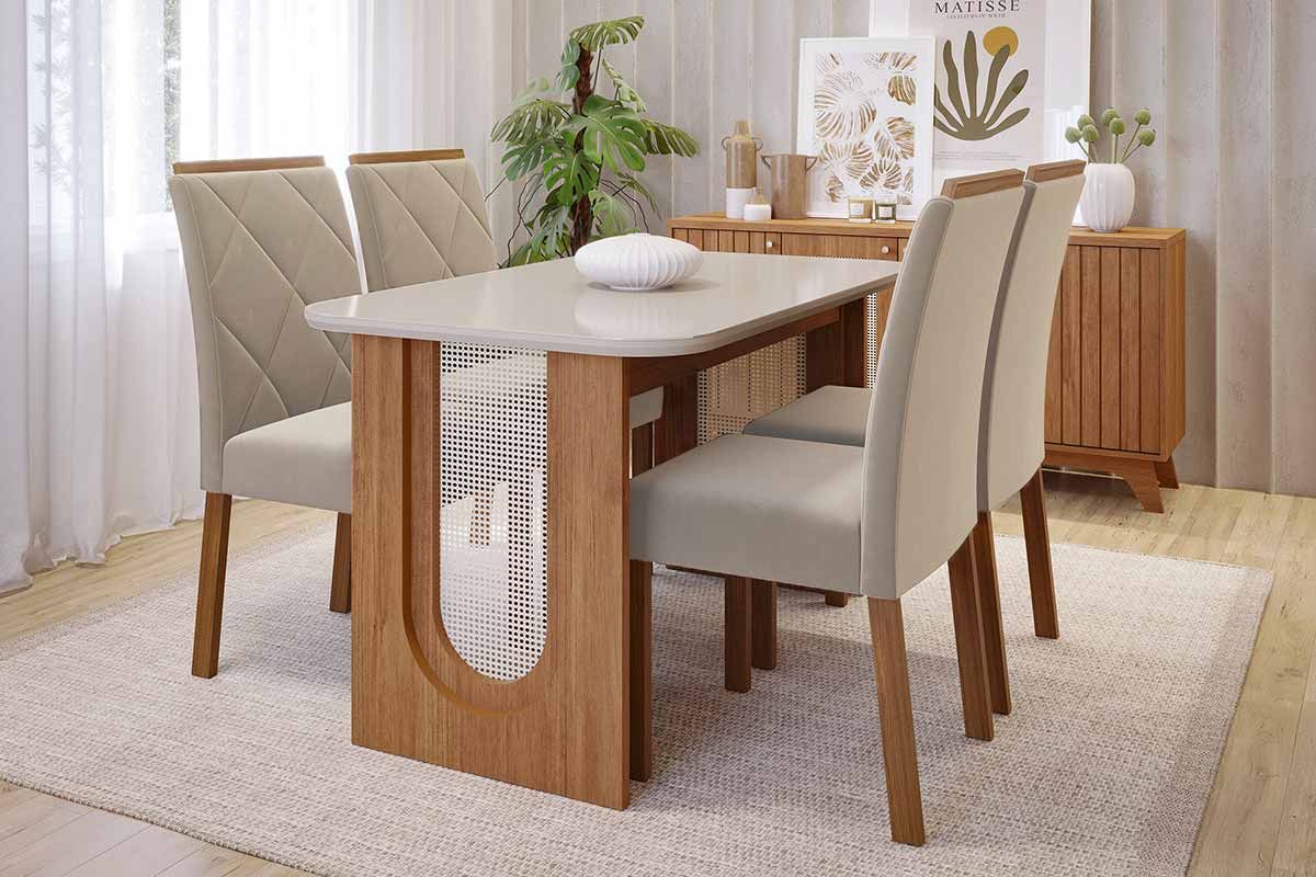 Sala Jantar Mesa Valentina Tampo Madeirado c/ Vidro 130x80cm e 4 Cadeiras Fernanda - Cimol