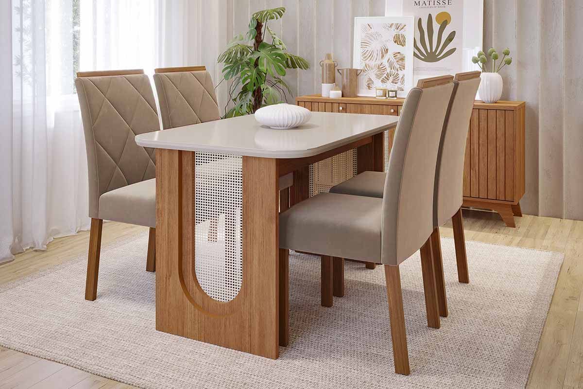 Sala Jantar Mesa Valentina Tampo Madeirado c/ Vidro 130x80cm e 4 Cadeiras Fernanda - Cimol