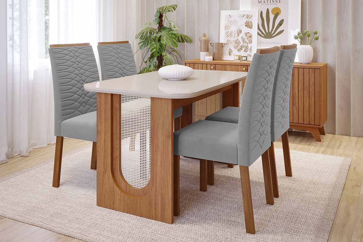 Sala Jantar Mesa Valentina Tampo Madeirado c/ Vidro 130x80cm e 4 Cadeiras Clarice - Cimol