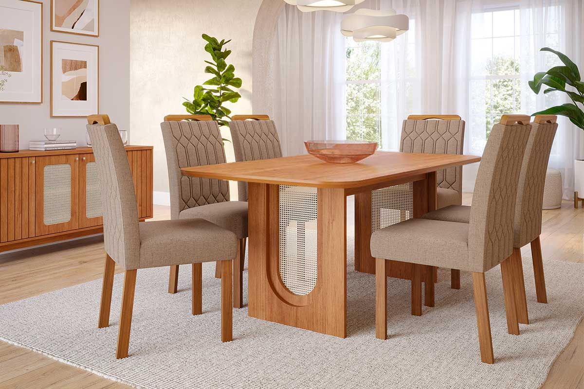 Sala Jantar Mesa Valentina Tampo Madeirado 180x90cm e 6 Cadeiras Paola - Cimol