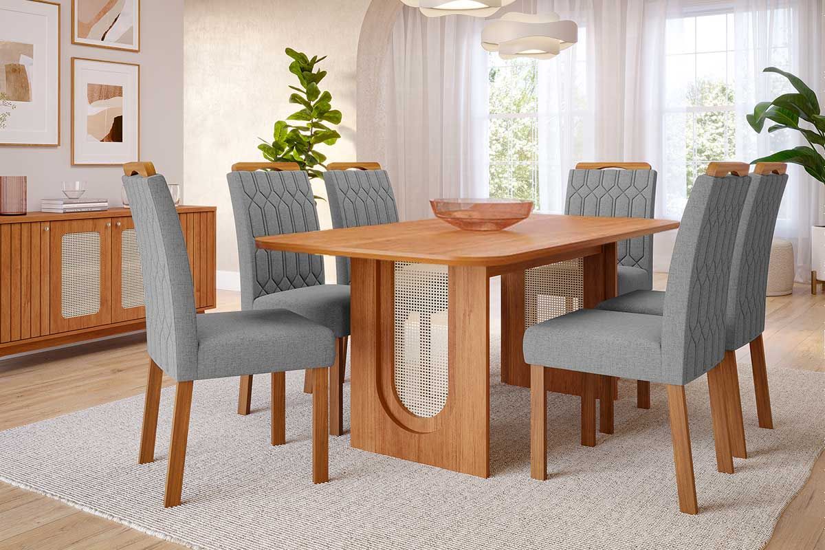 Sala Jantar Mesa Valentina Tampo Madeirado 180x90cm e 6 Cadeiras Paola - Cimol