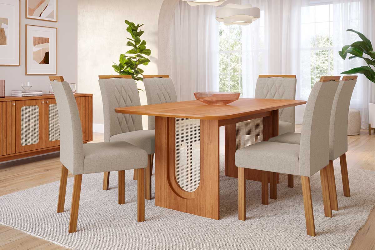 Sala Jantar Mesa Valentina Tampo Madeirado 180x90cm e 6 Cadeiras Juliana - Cimol
