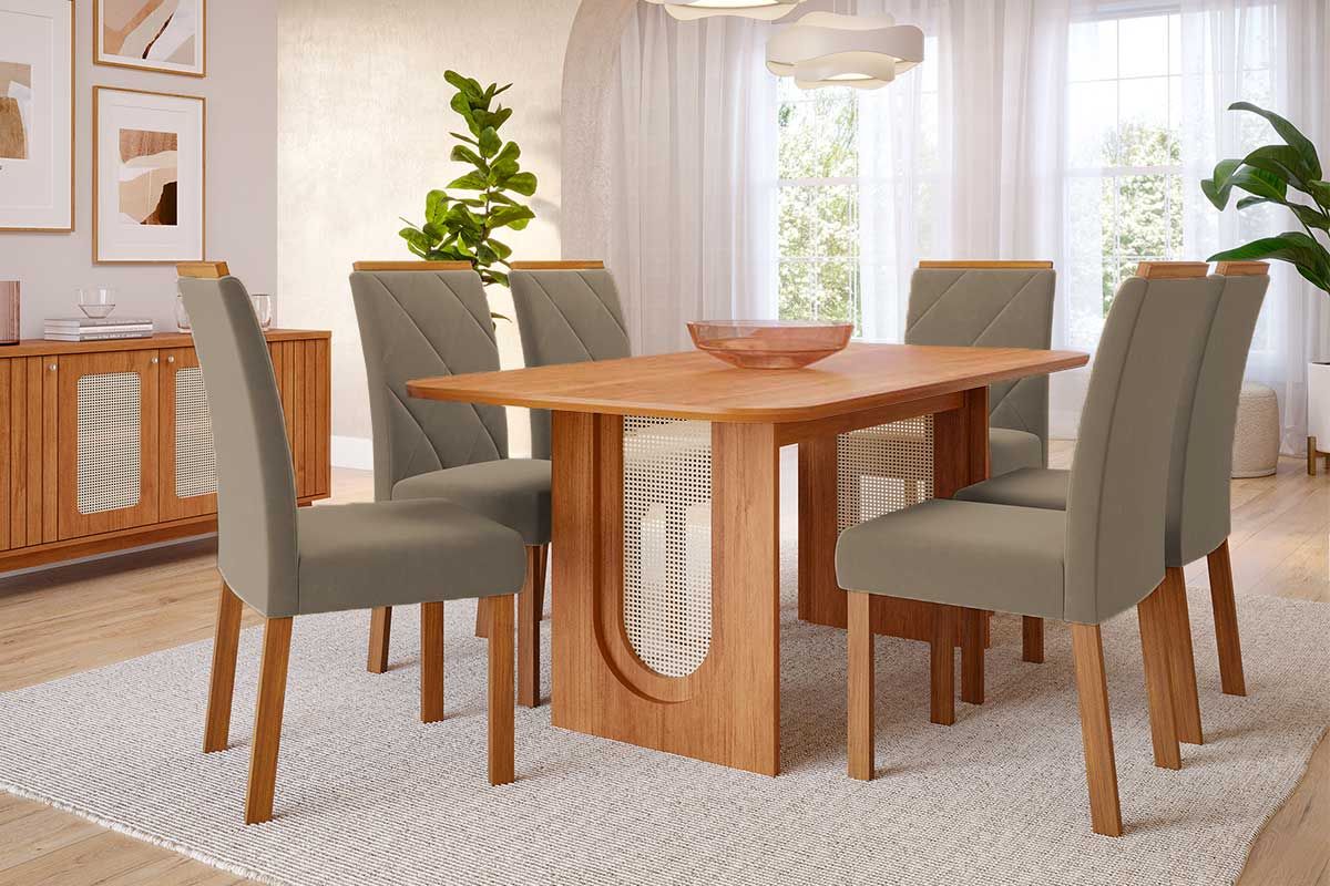 Sala Jantar Mesa Valentina Tampo Madeirado 180x90cm e 6 Cadeiras Fernanda - Cimol