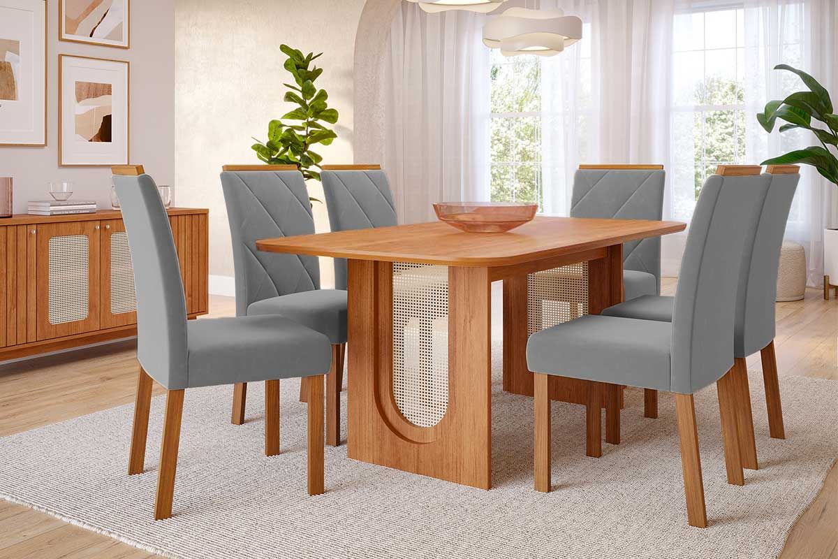 Sala Jantar Mesa Valentina Tampo Madeirado 180x90cm e 6 Cadeiras Fernanda - Cimol