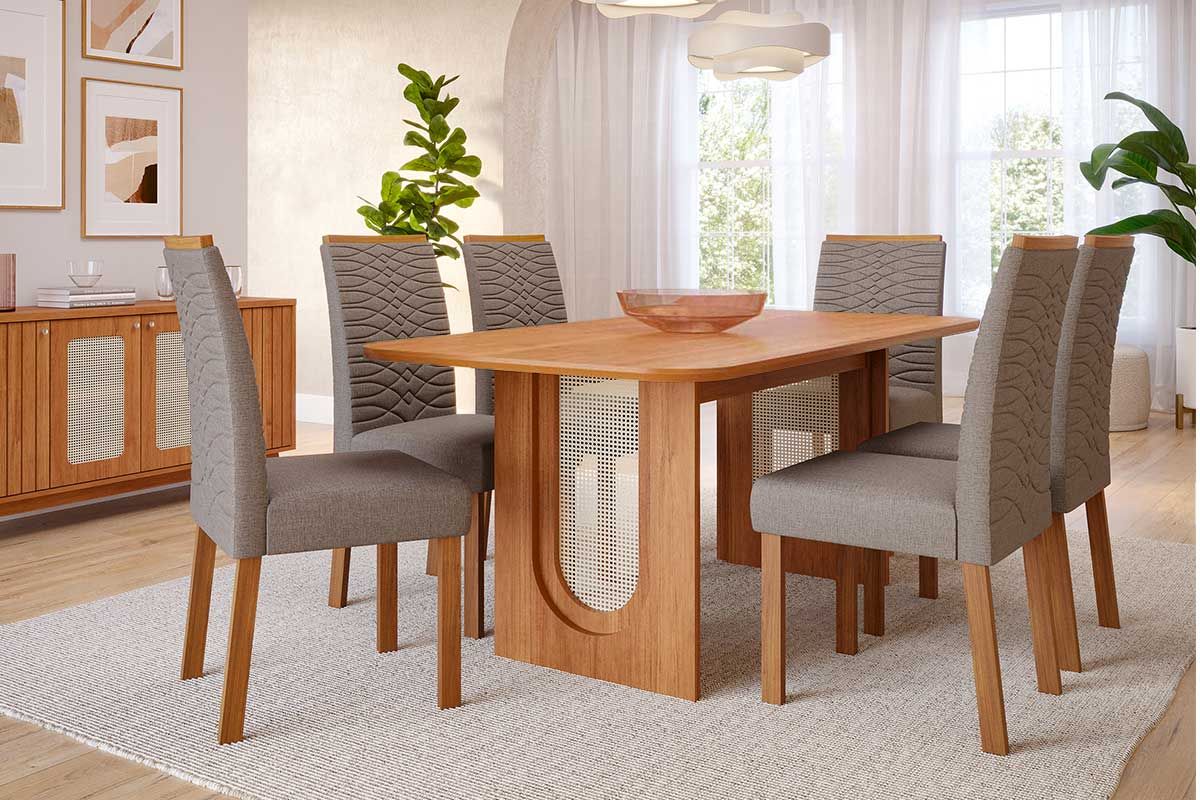Sala Jantar Mesa Valentina Tampo Madeirado 180x90cm e 6 Cadeiras Clarice - Cimol