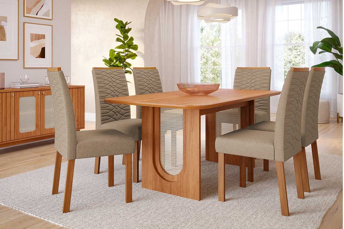 Sala Jantar Mesa Valentina Tampo Madeirado 180x90cm e 6 Cadeiras Clarice - Cimol