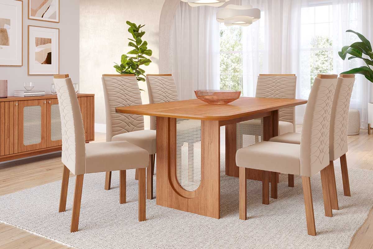 Sala Jantar Mesa Valentina Tampo Madeirado 180x90cm e 6 Cadeiras Clarice - Cimol