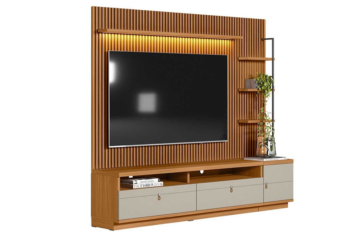 Home p/ TV até 75 Pol Ouro Preto Ripado c/2Gav. 1Pta. 3 Prat. e Leds 224x198cm Linea Brasil Home p/ TV até 75 Pol Ouro Preto Ripado c/2Gav. 1Pta. 3 Prat. e Leds 224x198cm Linea Brasil