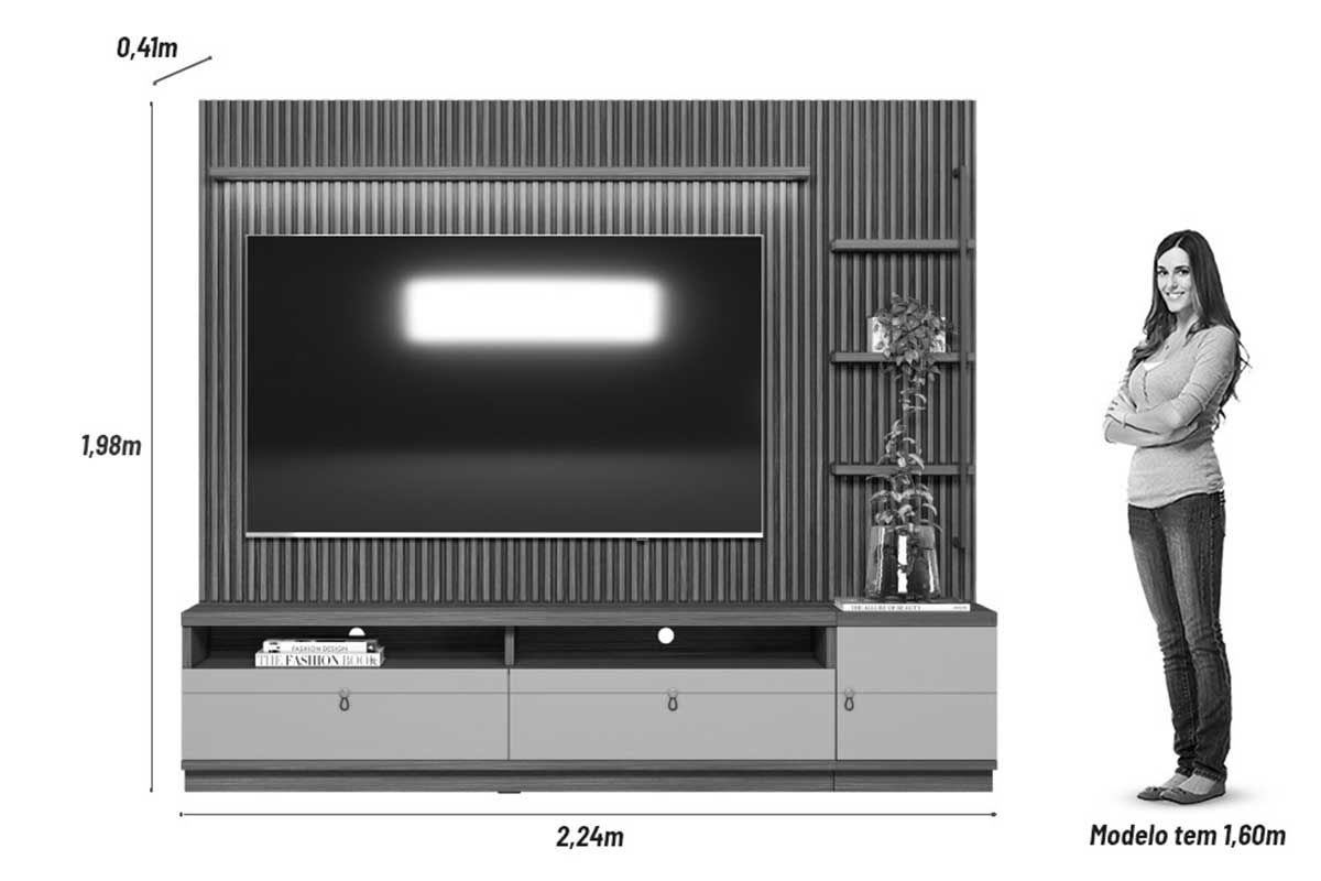 Home p/ TV até 75 Pol Ouro Preto Ripado c/2Gav. 1Pta. 3 Prat. e Leds 224x198cm Linea Brasil Home p/ TV até 75 Pol Ouro Preto Ripado c/2Gav. 1Pta. 3 Prat. e Leds 224x198cm Linea Brasil