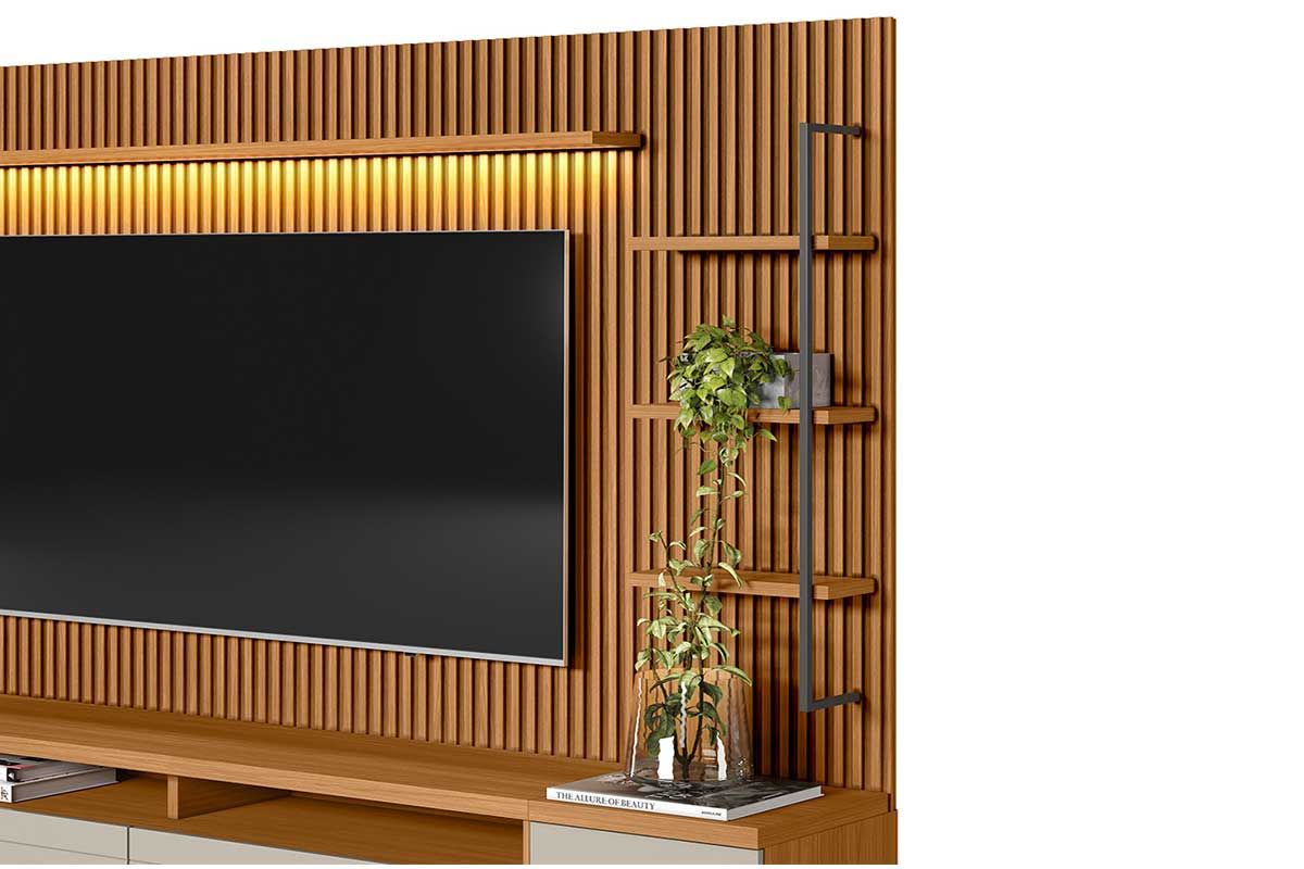 Home p/ TV até 75 Pol Ouro Preto Ripado c/2Gav. 1Pta. 3 Prat. e Leds 224x198cm Linea Brasil Home p/ TV até 75 Pol Ouro Preto Ripado c/2Gav. 1Pta. 3 Prat. e Leds 224x198cm Linea Brasil