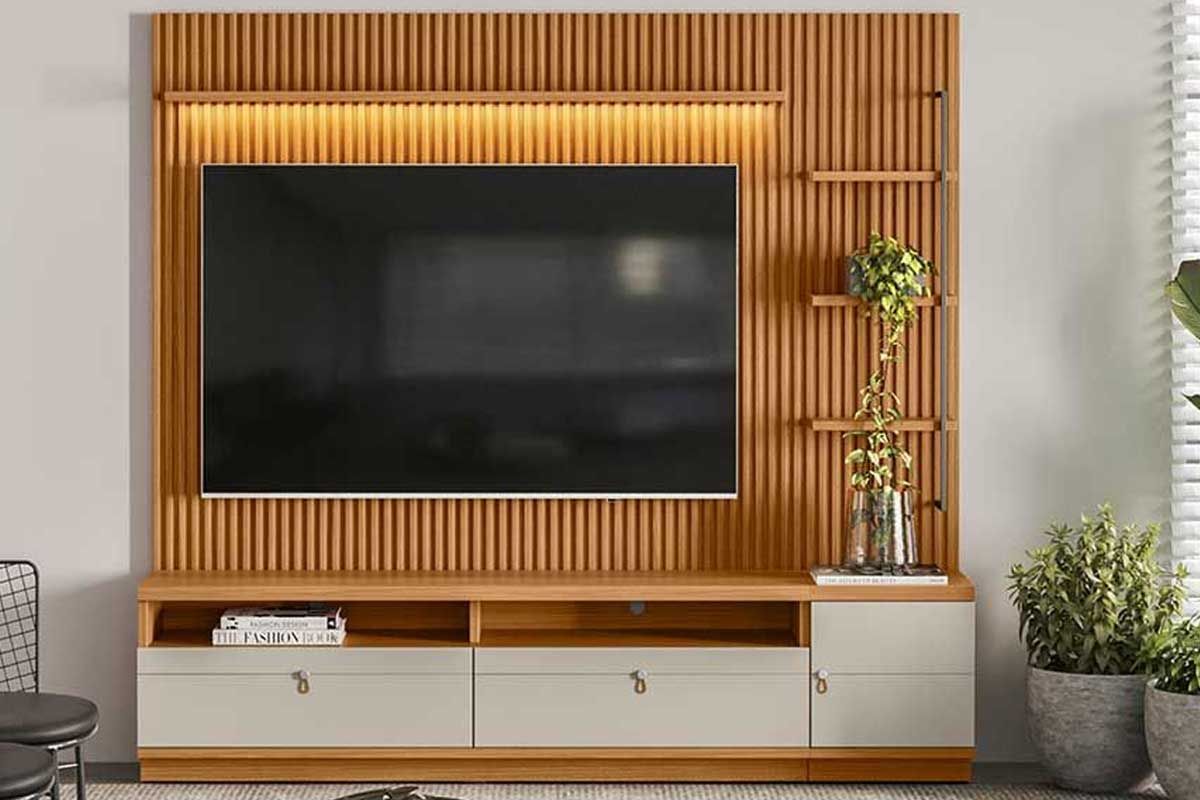 Home p/ TV até 75 Pol Ouro Preto Ripado c/2Gav. 1Pta. 3 Prat. e Leds 224x198cm Linea BrasilNature/Off White Home p/ TV até 75 Pol Ouro Preto Ripado c/2Gav. 1Pta. 3 Prat. e Leds 224x198cm Linea BrasilNature/Off White