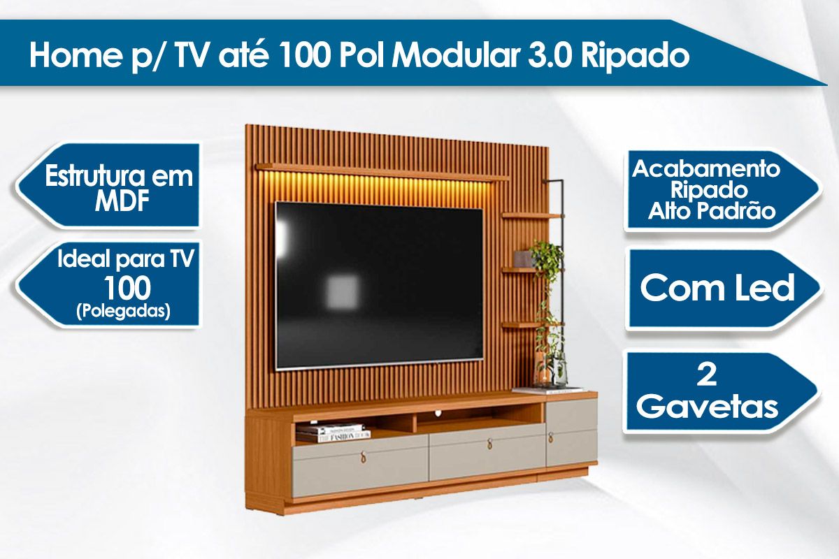 Home p/ TV até 75 Pol Ouro Preto Ripado c/2Gav. 1Pta. 3 Prat. e Leds 224x198cm Linea Brasil Home p/ TV até 75 Pol Ouro Preto Ripado c/2Gav. 1Pta. 3 Prat. e Leds 224x198cm Linea Brasil