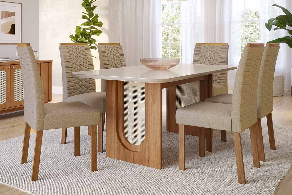 Sala Jantar Mesa Valentina Tampo Madeirado c/ Vidro 180x90cm e 6 Cadeiras Clarice - Cimol