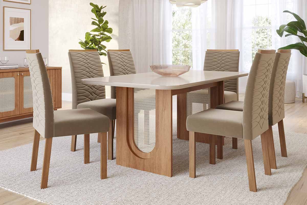 Sala Jantar Mesa Valentina Tampo Madeirado c/ Vidro 180x90cm e 6 Cadeiras Clarice - Cimol