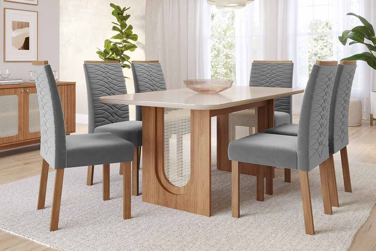 Sala Jantar Mesa Valentina Tampo Madeirado c/ Vidro 180x90cm e 6 Cadeiras Clarice - Cimol