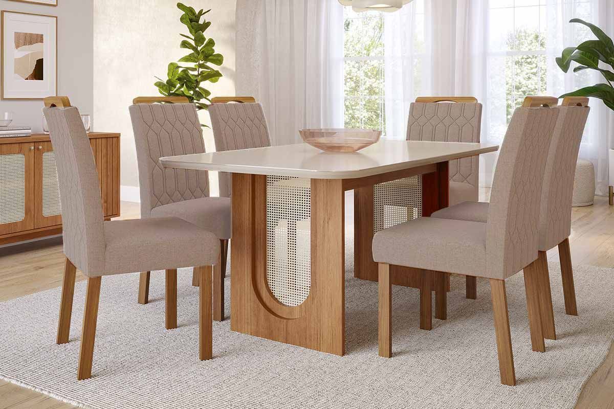 Sala Jantar Mesa Valentina Tampo Madeirado c/ Vidro 180x90cm e 6 Cadeiras Paola - Cimol