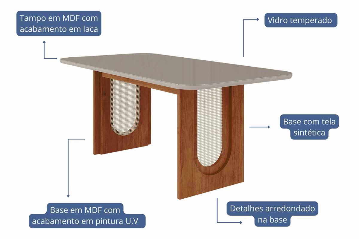 Sala Jantar Mesa Valentina Tampo Madeirado c/ Vidro 180x90cm e 6 Cadeiras Maia - Cimol