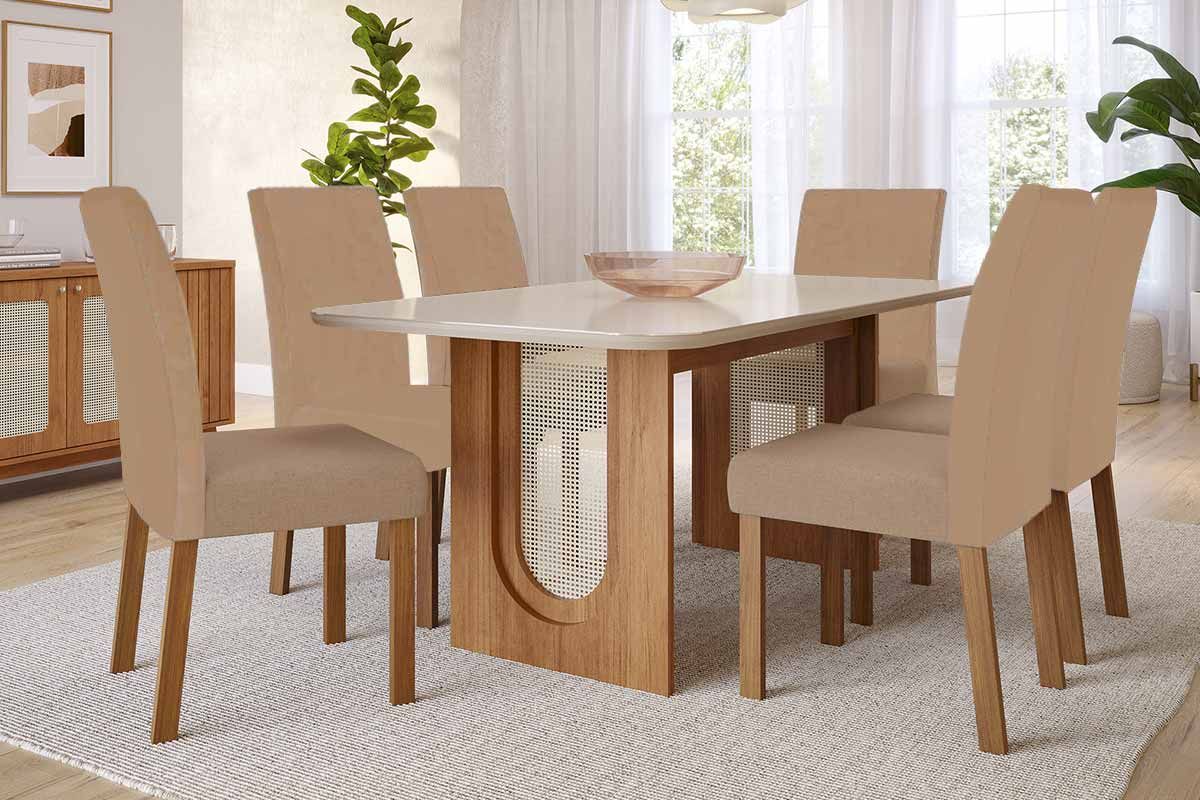 Sala Jantar Mesa Valentina Tampo Madeirado c/ Vidro 180x90cm e 6 Cadeiras Maia - Cimol