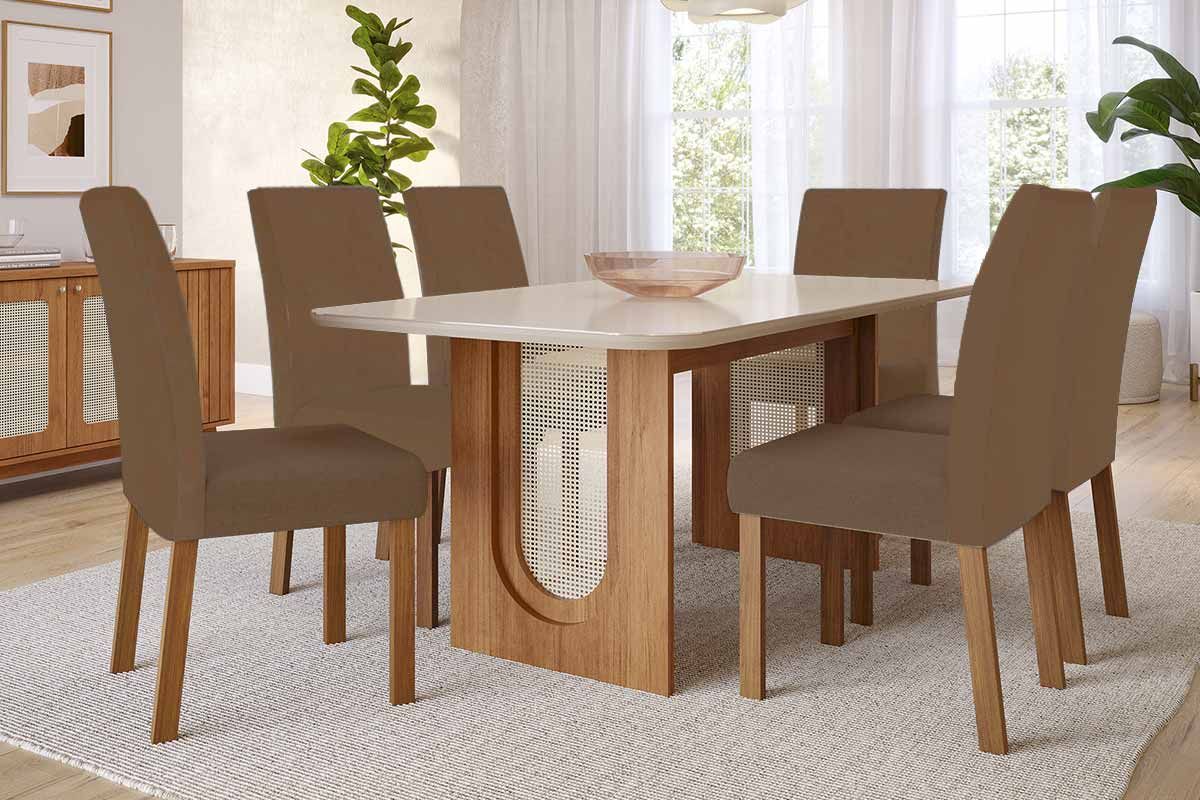 Sala Jantar Mesa Valentina Tampo Madeirado c/ Vidro 180x90cm e 6 Cadeiras Maia - Cimol