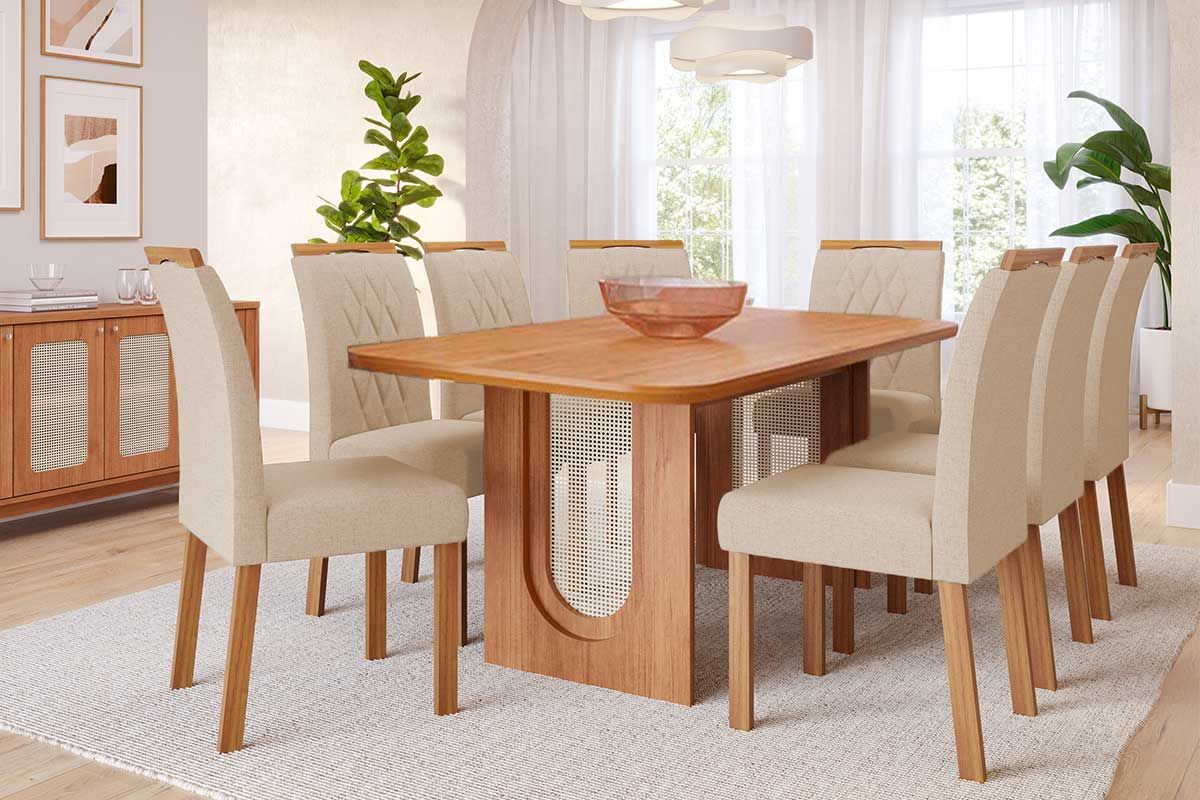 Sala Jantar Mesa Valentina Tampo Madeirado 210x100cm e 8 Cadeiras Juliana - Cimol