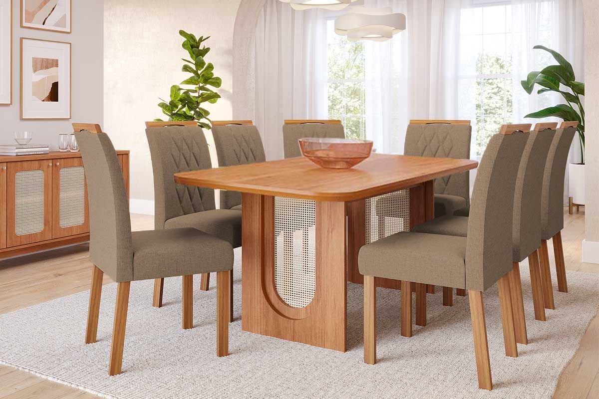 Sala Jantar Mesa Valentina Tampo Madeirado 210x100cm e 8 Cadeiras Juliana - Cimol