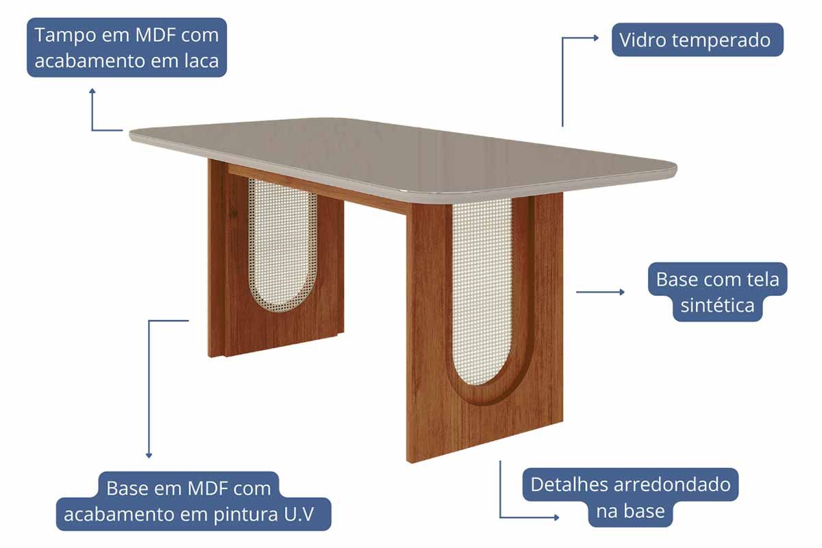 Sala Jantar Mesa Valentina Tampo Madeirado c/ Vidro 210x100cm e 8 Cadeiras Paola - Cimol