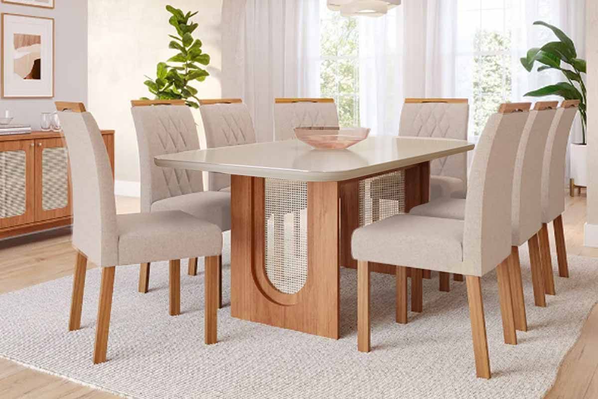 Sala Jantar Mesa Valentina Tampo Madeirado c/ Vidro 210x100cm e 8 Cadeiras Juliana - Cimol