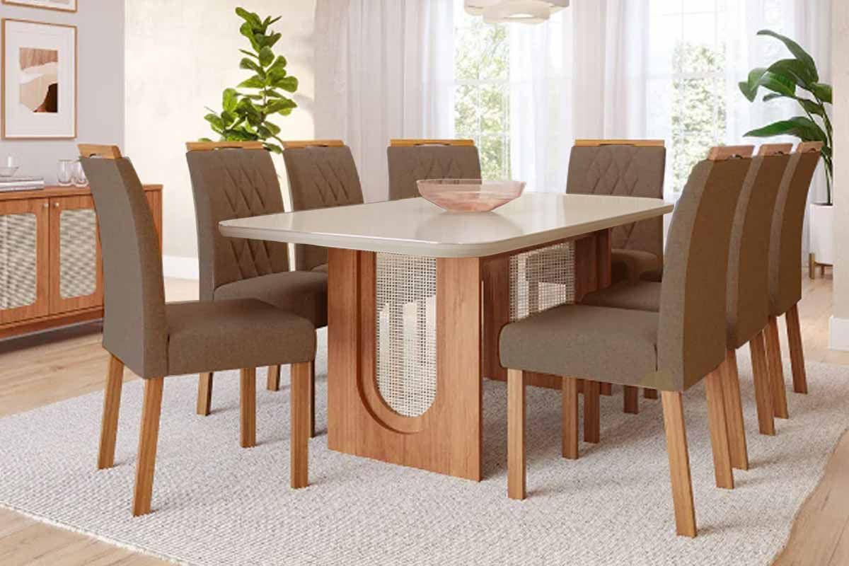 Sala Jantar Mesa Valentina Tampo Madeirado c/ Vidro 210x100cm e 8 Cadeiras Juliana - Cimol