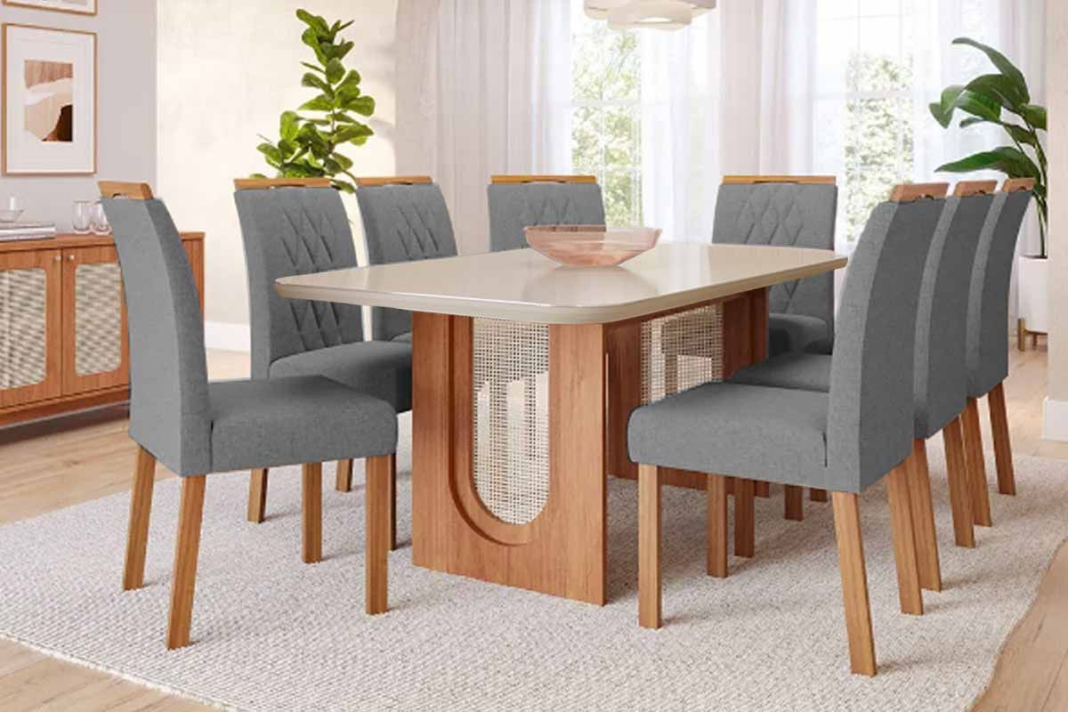 Sala Jantar Mesa Valentina Tampo Madeirado c/ Vidro 210x100cm e 8 Cadeiras Juliana - Cimol