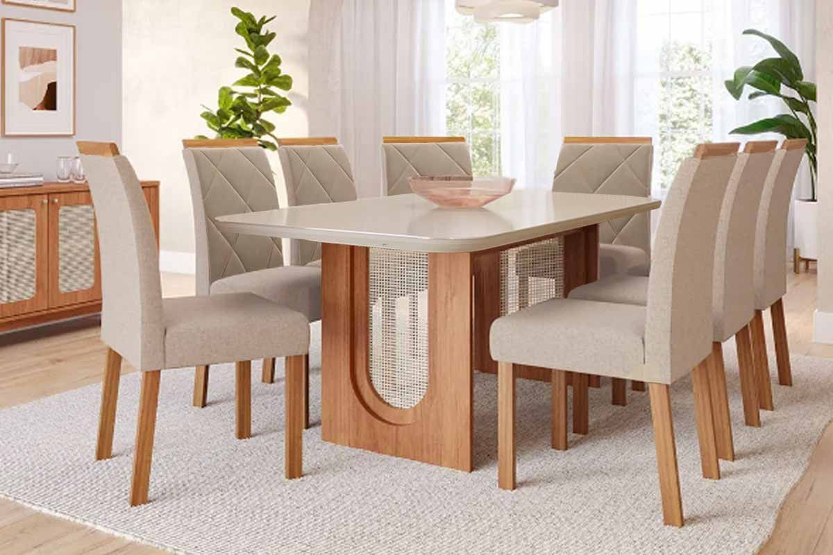 Sala Jantar Mesa Valentina Tampo Madeirado c/ Vidro 210x100cm e 8 Cadeiras Fernanda - Cimol