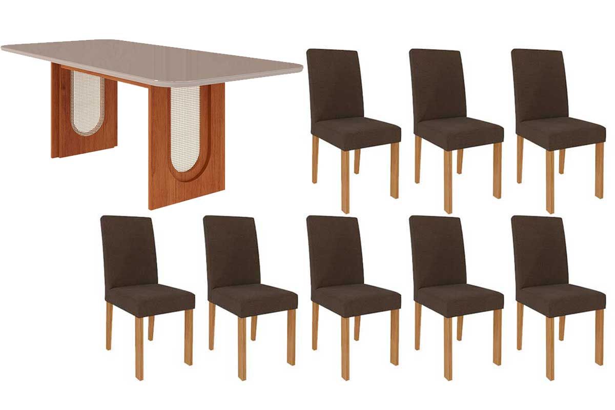 Sala Jantar Mesa Valentina Tampo Madeirado c/ Vidro 210x100cm e 8 Cadeiras Maia - Cimol