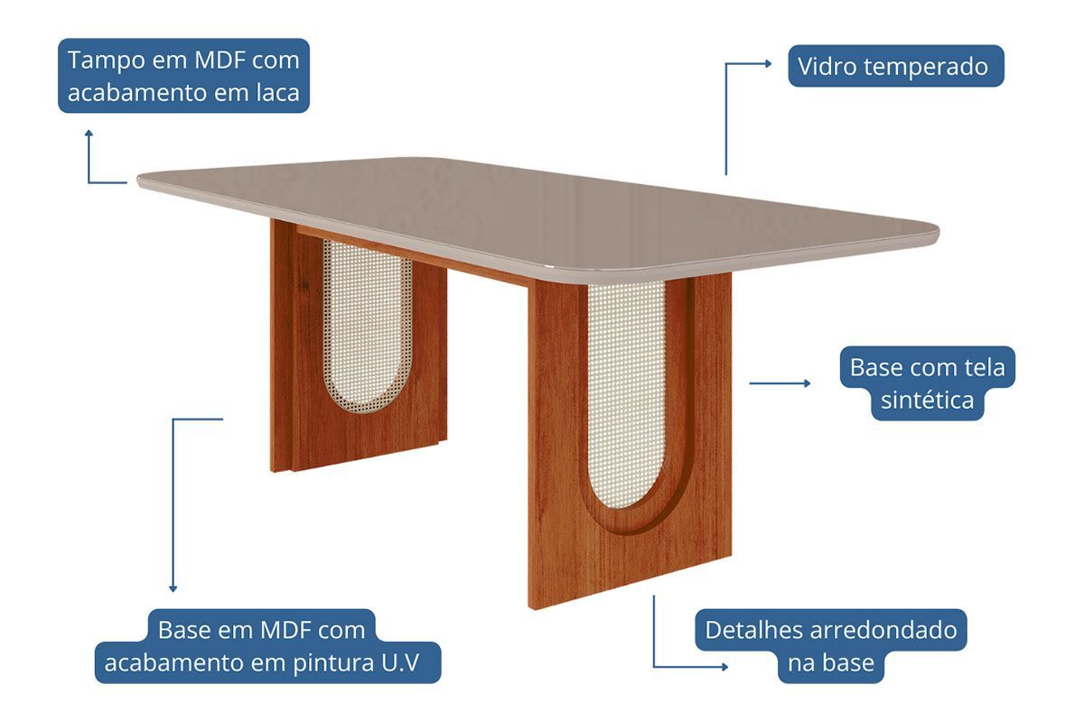 Sala Jantar Mesa Valentina Tampo Madeirado c/ Vidro 210x100cm e 8 Cadeiras Maia - Cimol