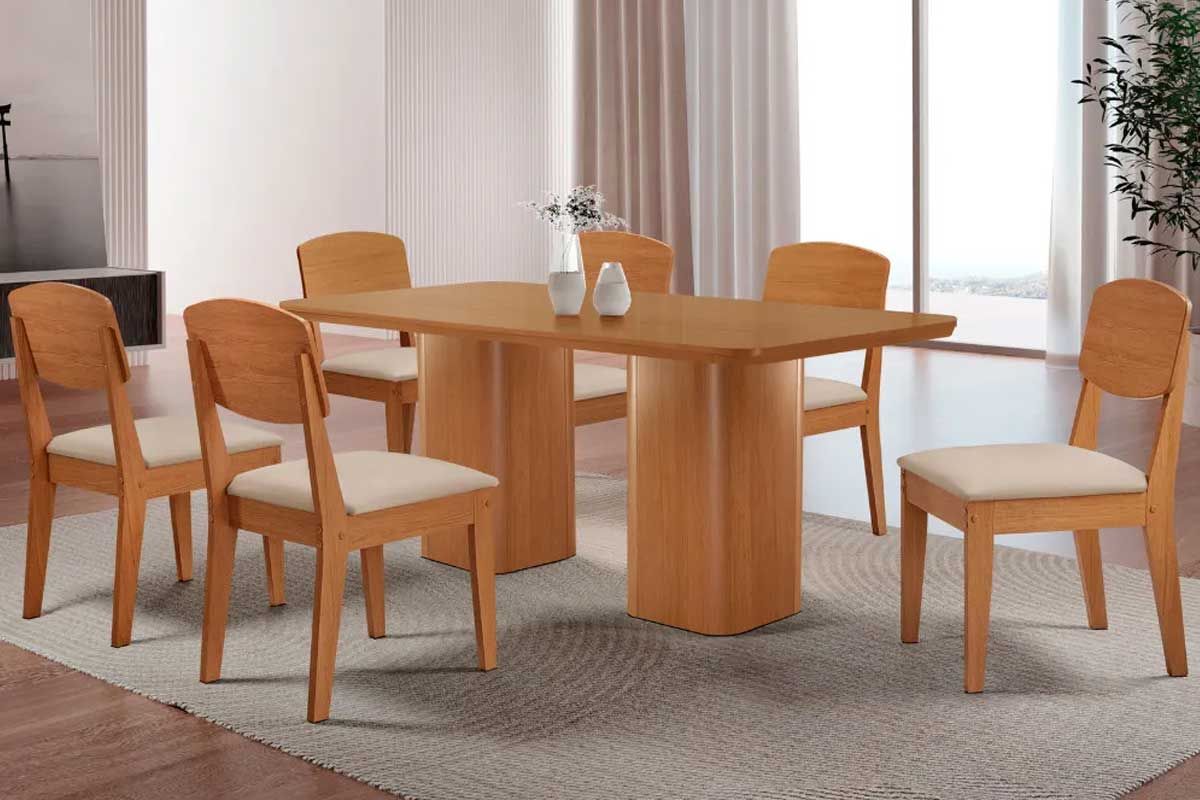 Sala Jantar Mesa Maldivas c/ Tampo Madeirado Canto Curvo 180x90cm e 6 Cadeiras Havana - Rufato
