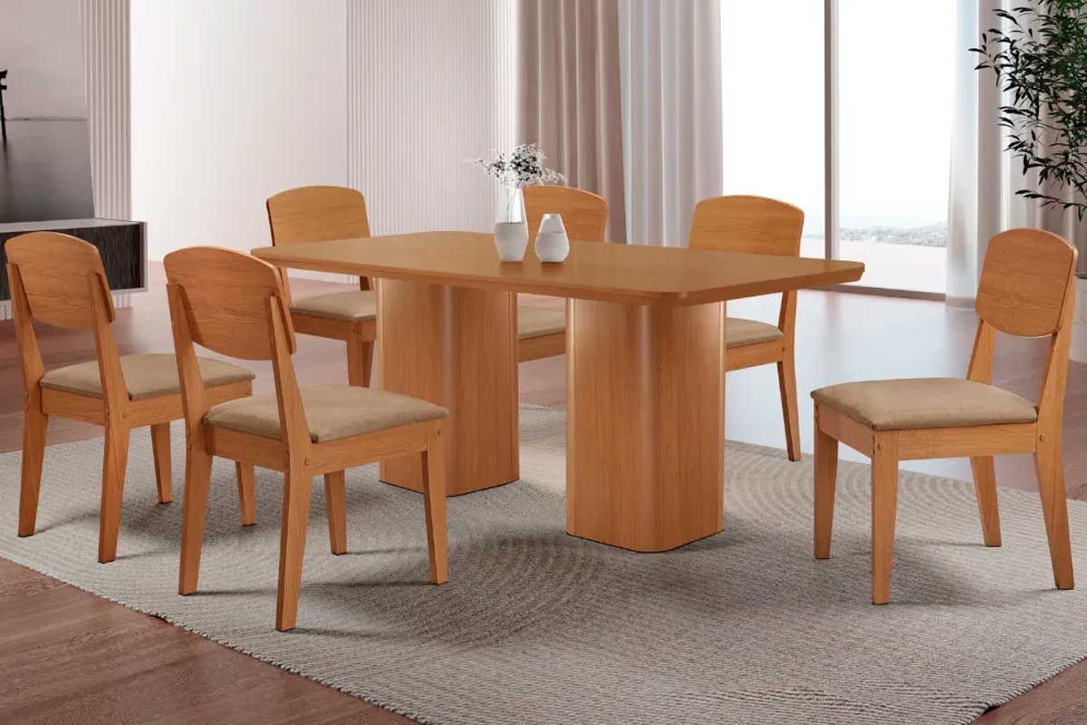 Sala Jantar Mesa Maldivas c/ Tampo Madeirado Canto Curvo 180x90cm e 6 Cadeiras Havana - Rufato