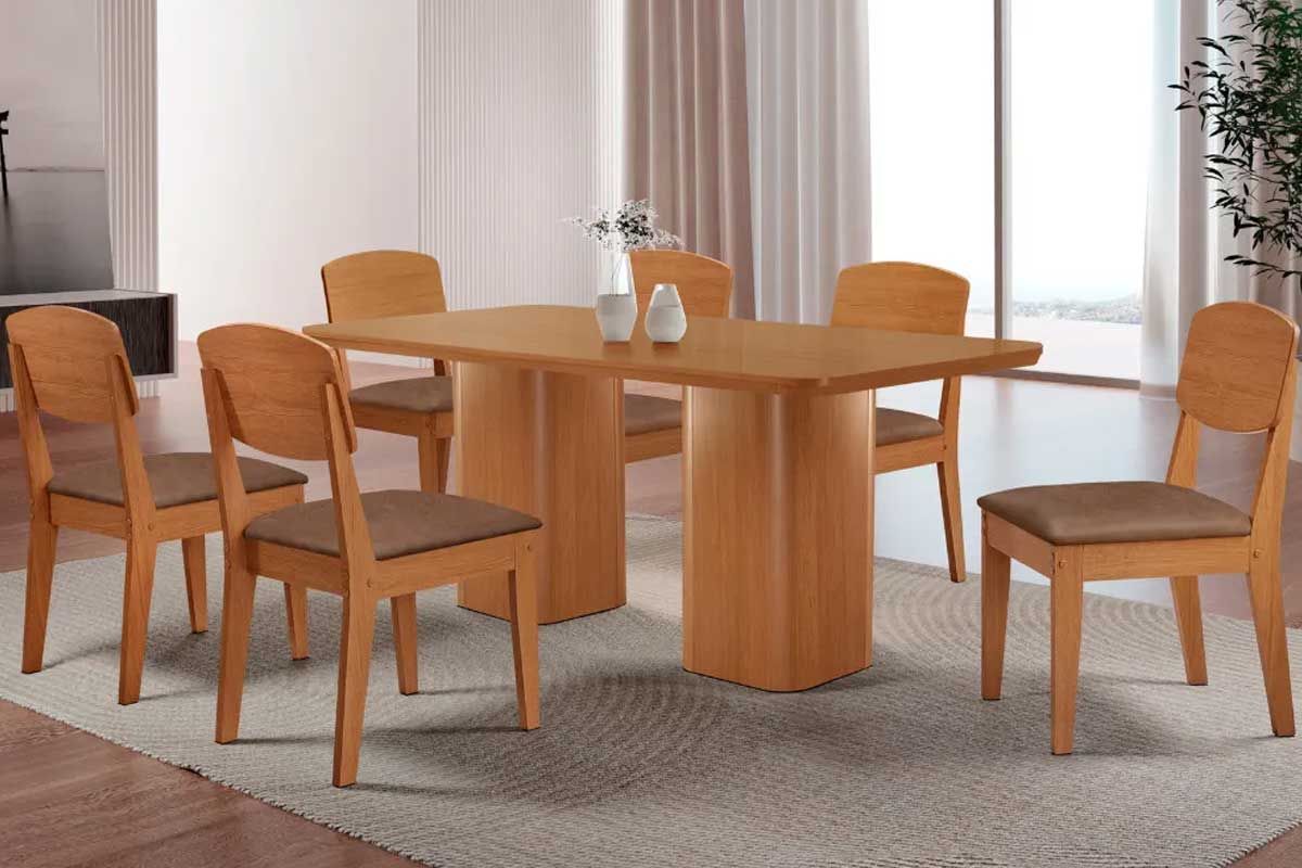 Sala Jantar Mesa Maldivas c/ Tampo Madeirado Canto Curvo 180x90cm e 6 Cadeiras Havana - Rufato
